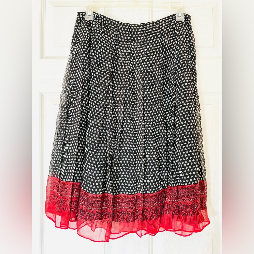 Anne Klein Silk A-Line Skirt Black & White Print with Red Border Accent